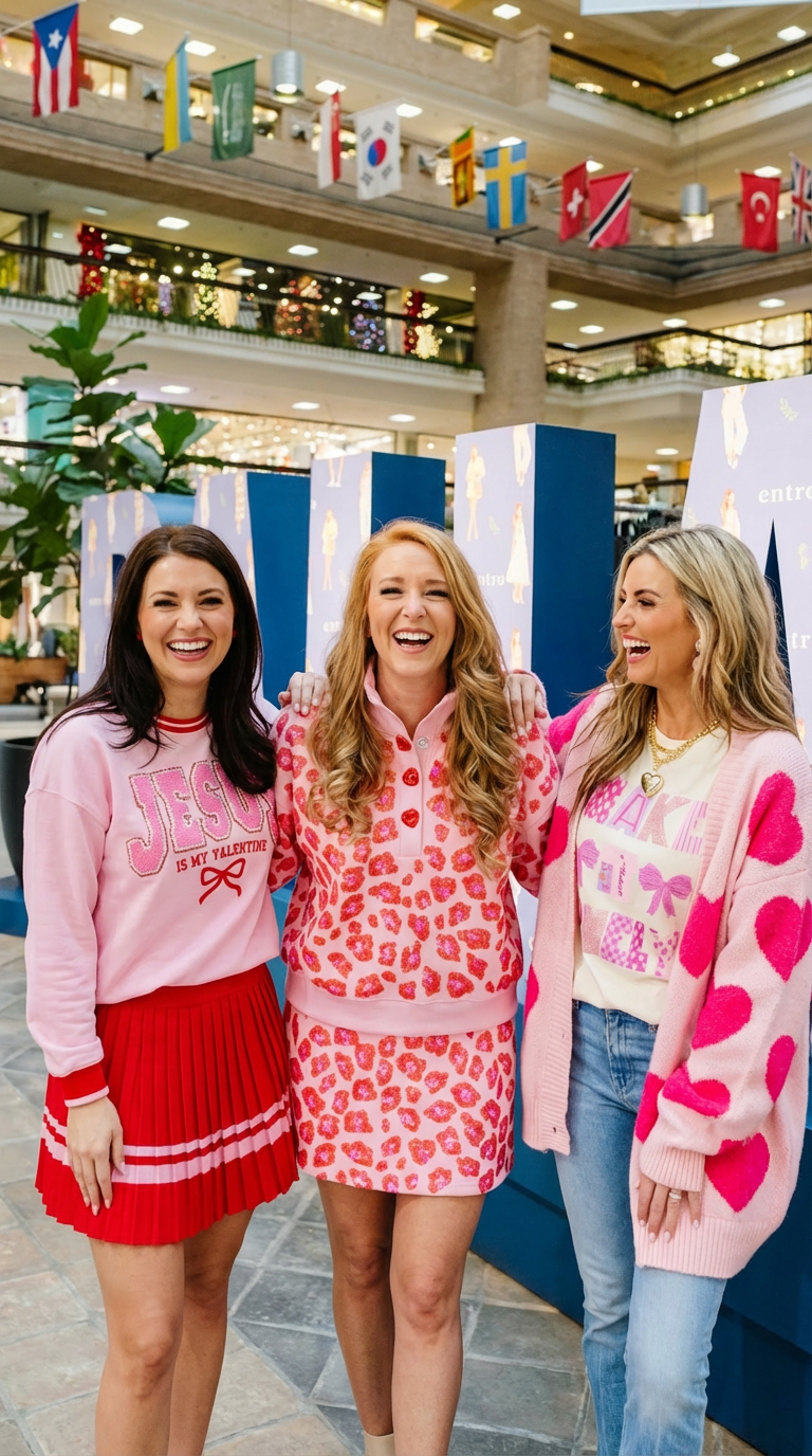Boutique owners together in matching pink outfits